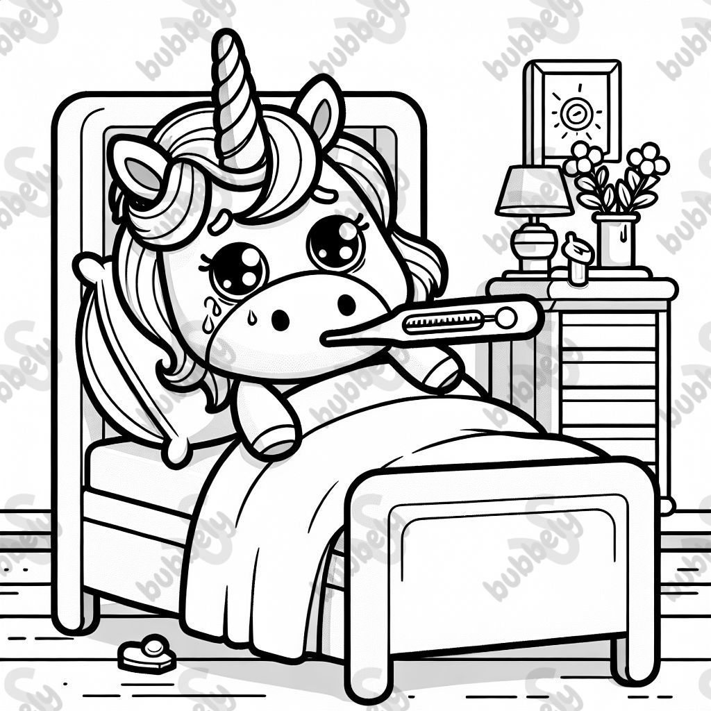 Ein krankes Einhorn das mit Fieberthermometer im bett liegt