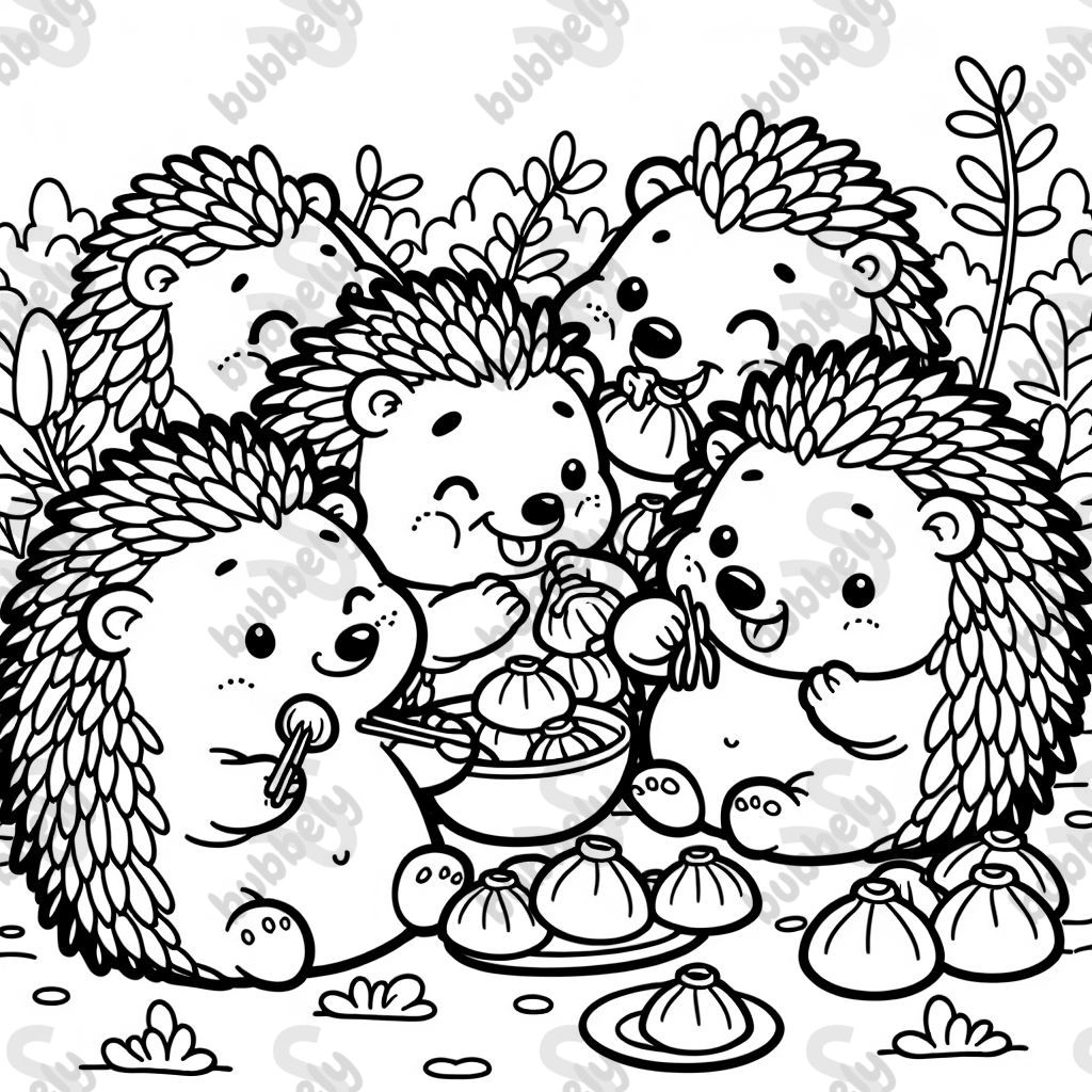 A family of hedgehogs all eating dumplings together