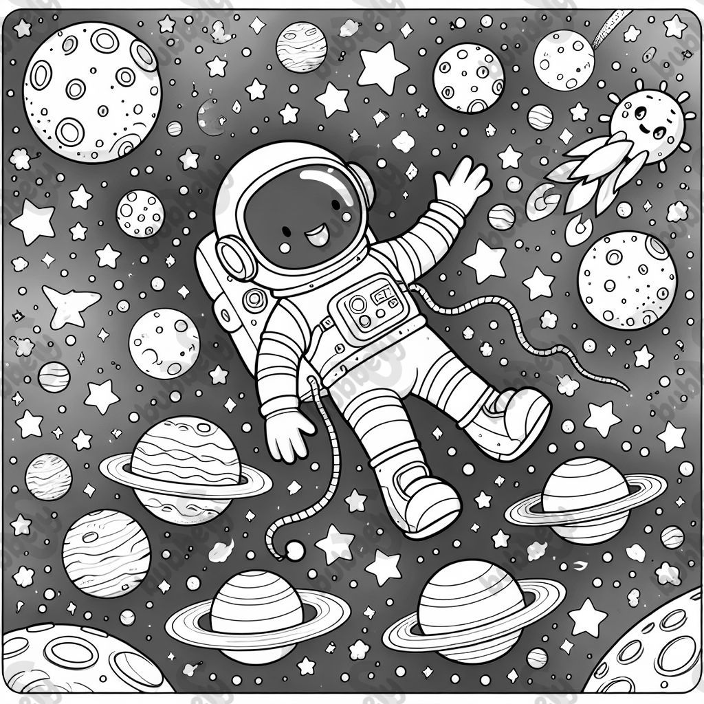 An astronaut floating through planets