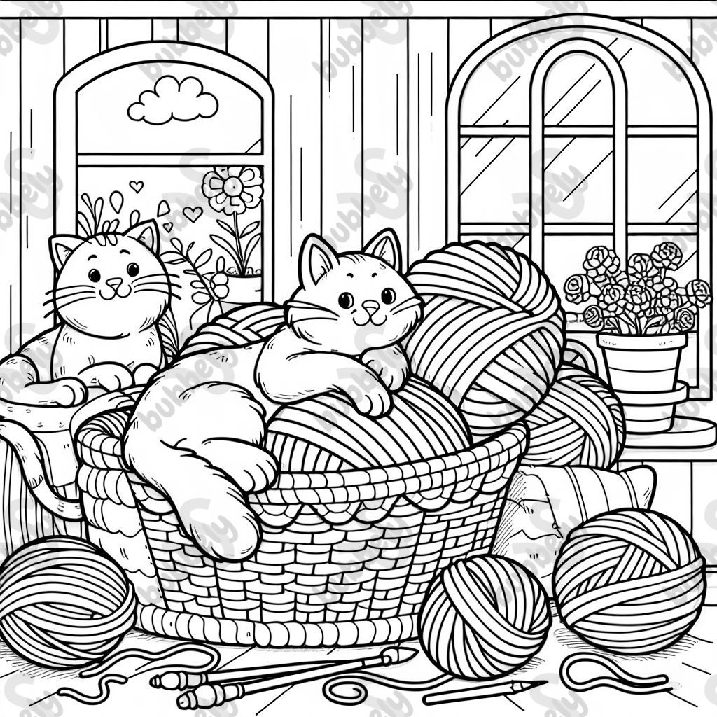 Cats lounging around a basket of yarn Cats lounging around a basket of yarn