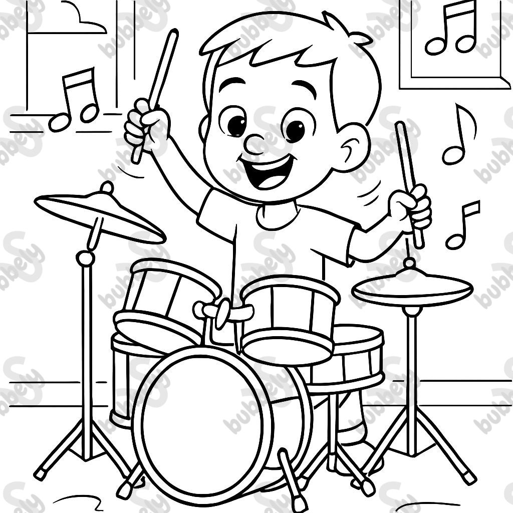 Seven-year-old boy with short hair playing the drums.
