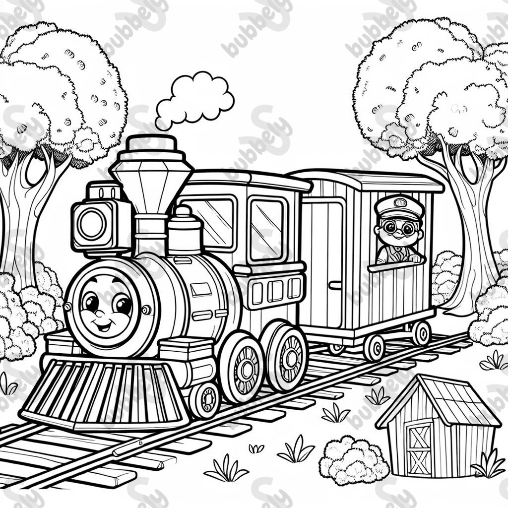 vintage train with a conductor waving, trees and sheds