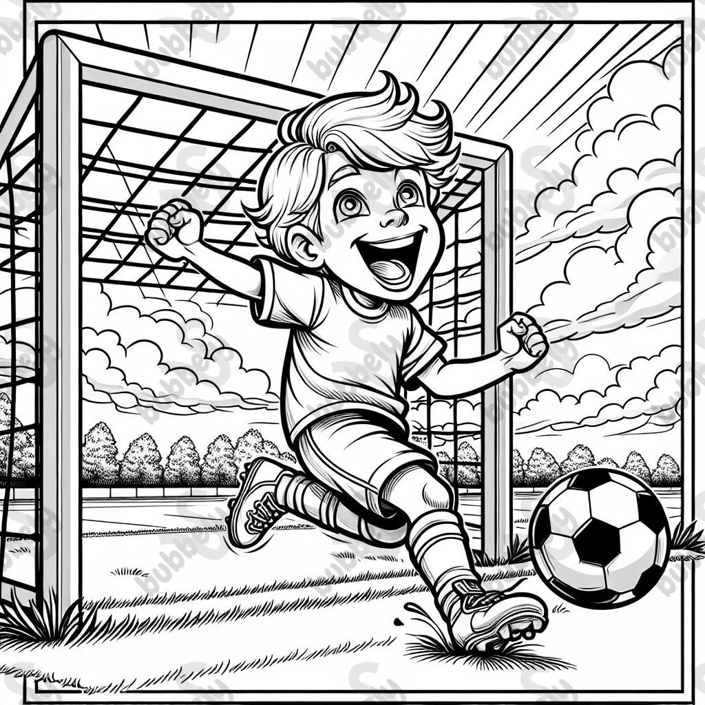A blonde boy soccer player scoring a goal.