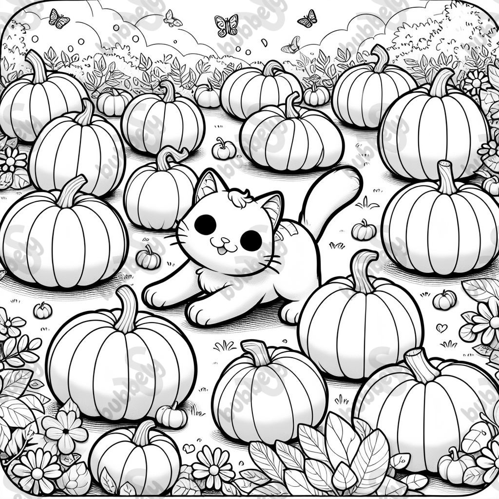 A cat and pumpkins