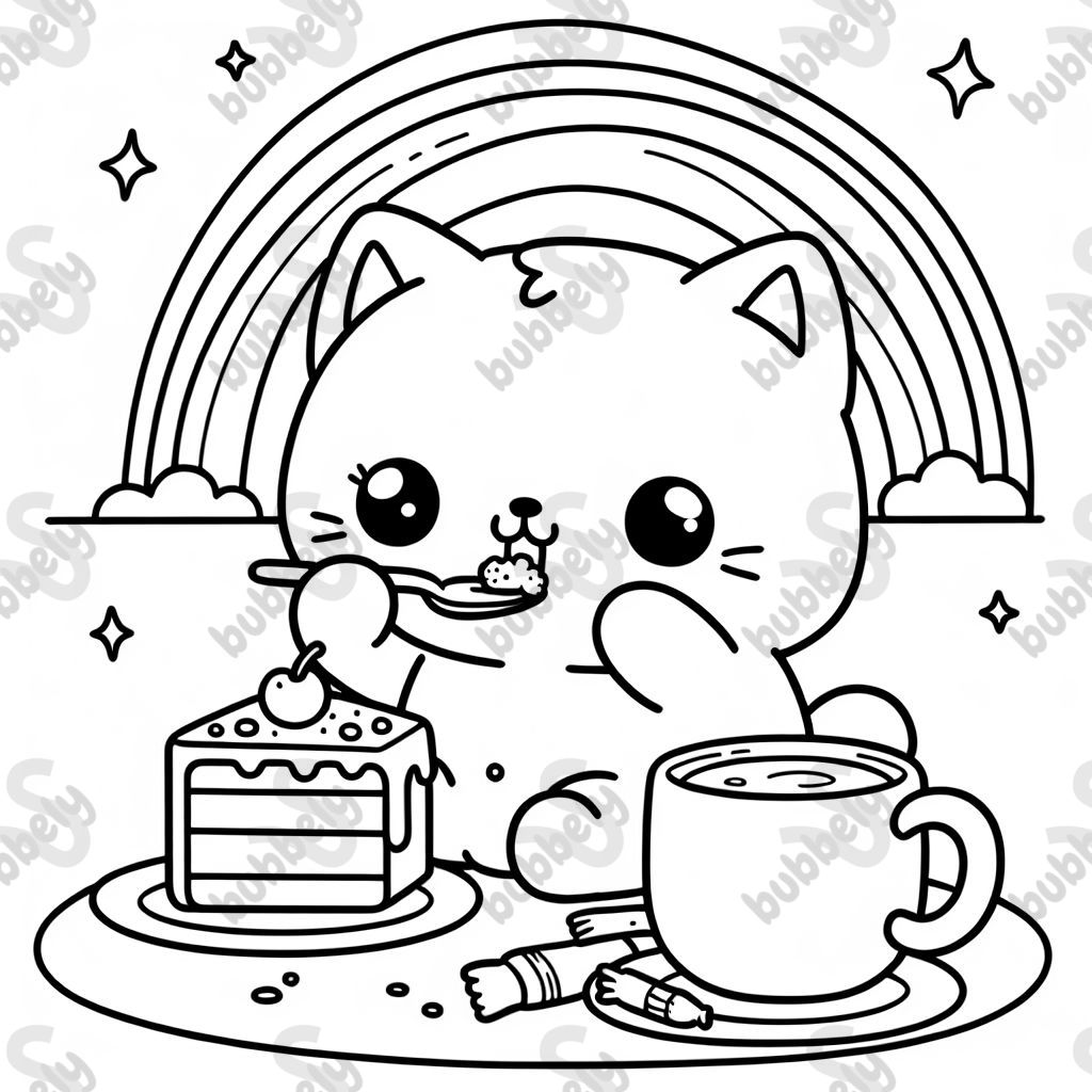 A baby cat eating cake and drinking hot cocoa with a rainbow in background 