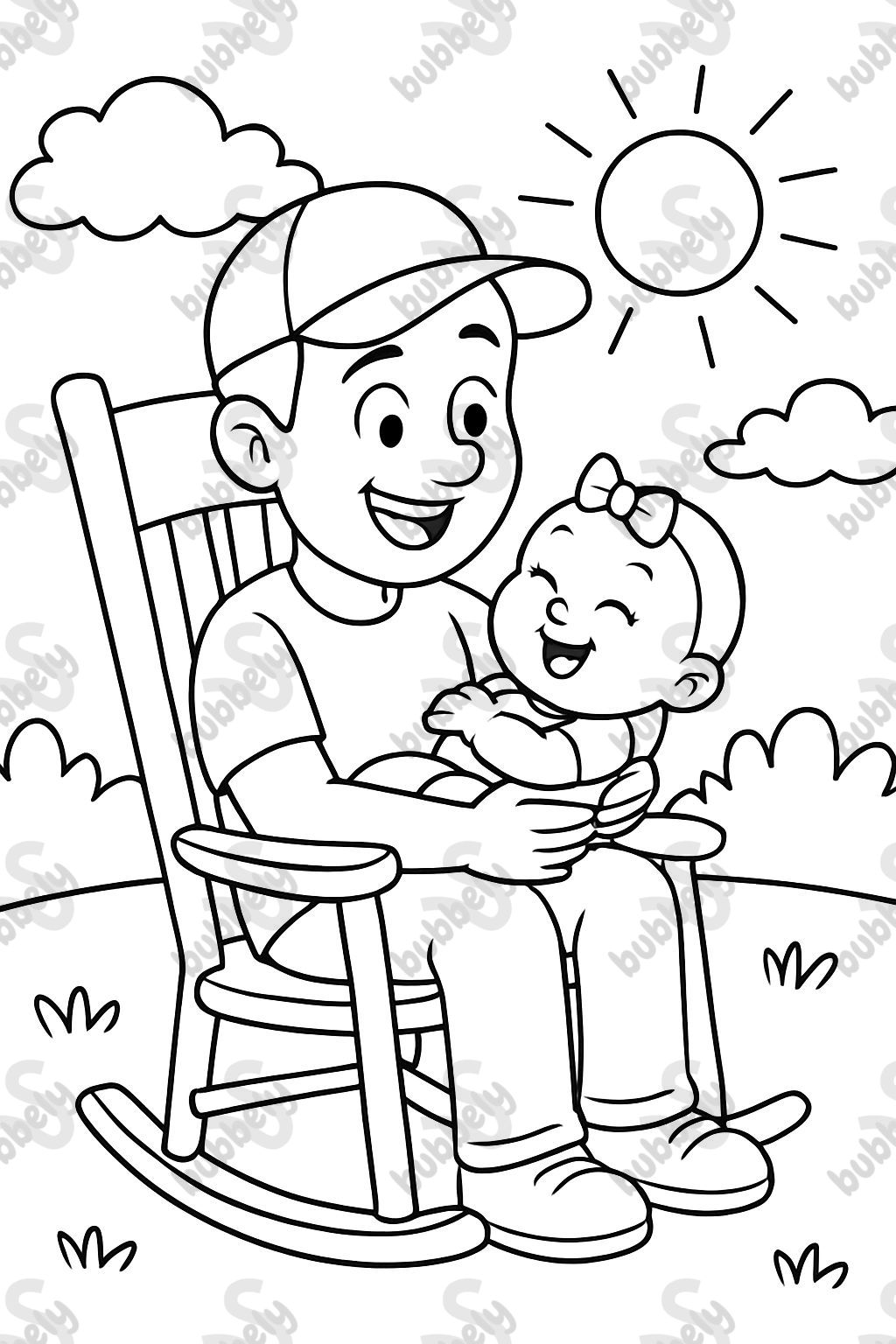 A young dad with a baseball hat rocking his baby girl in a rocking chair.
