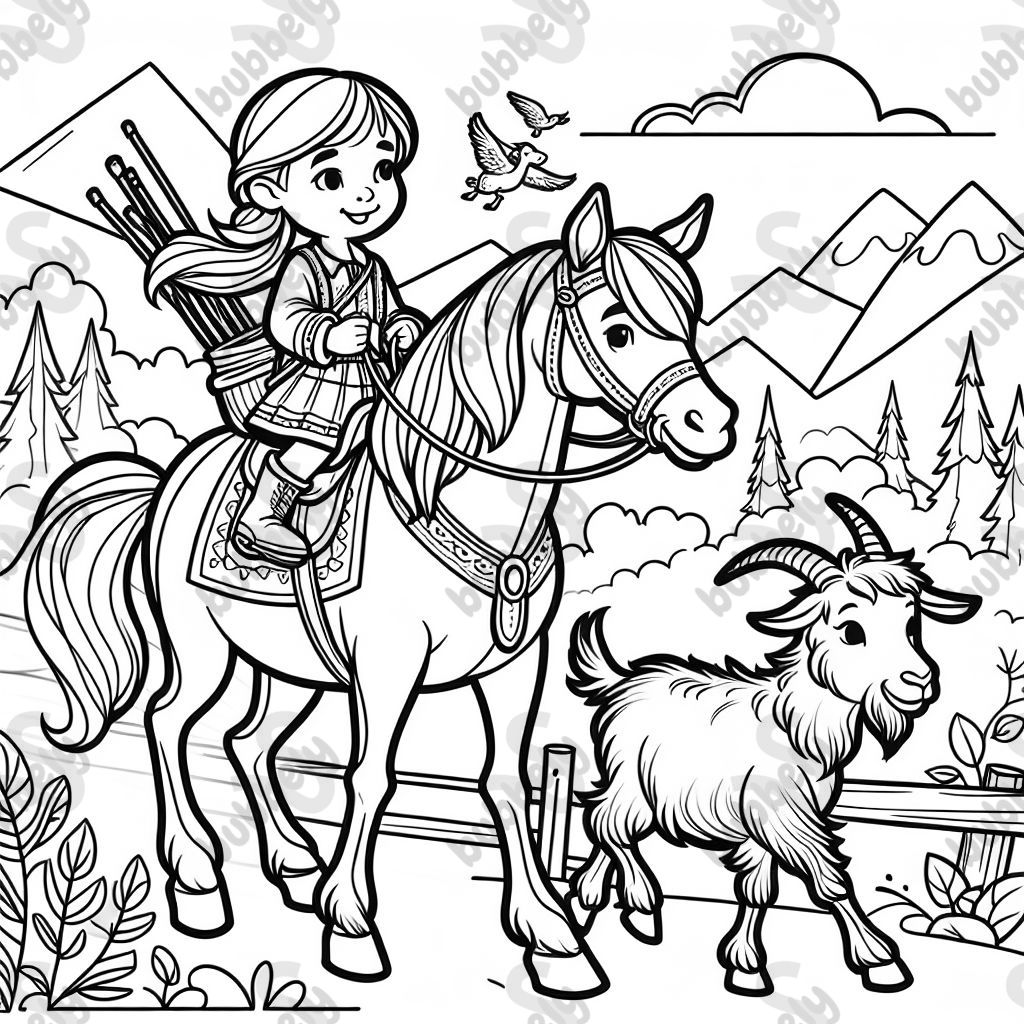 ein Mädchen beim Reiten und eine Ziege