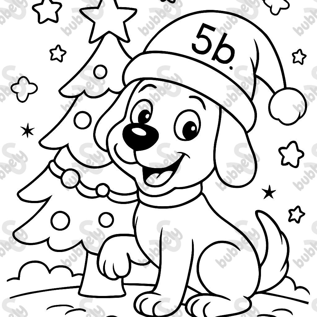 a dog with a Santa hat in front of a Christmas tree. The hat says 5b.
