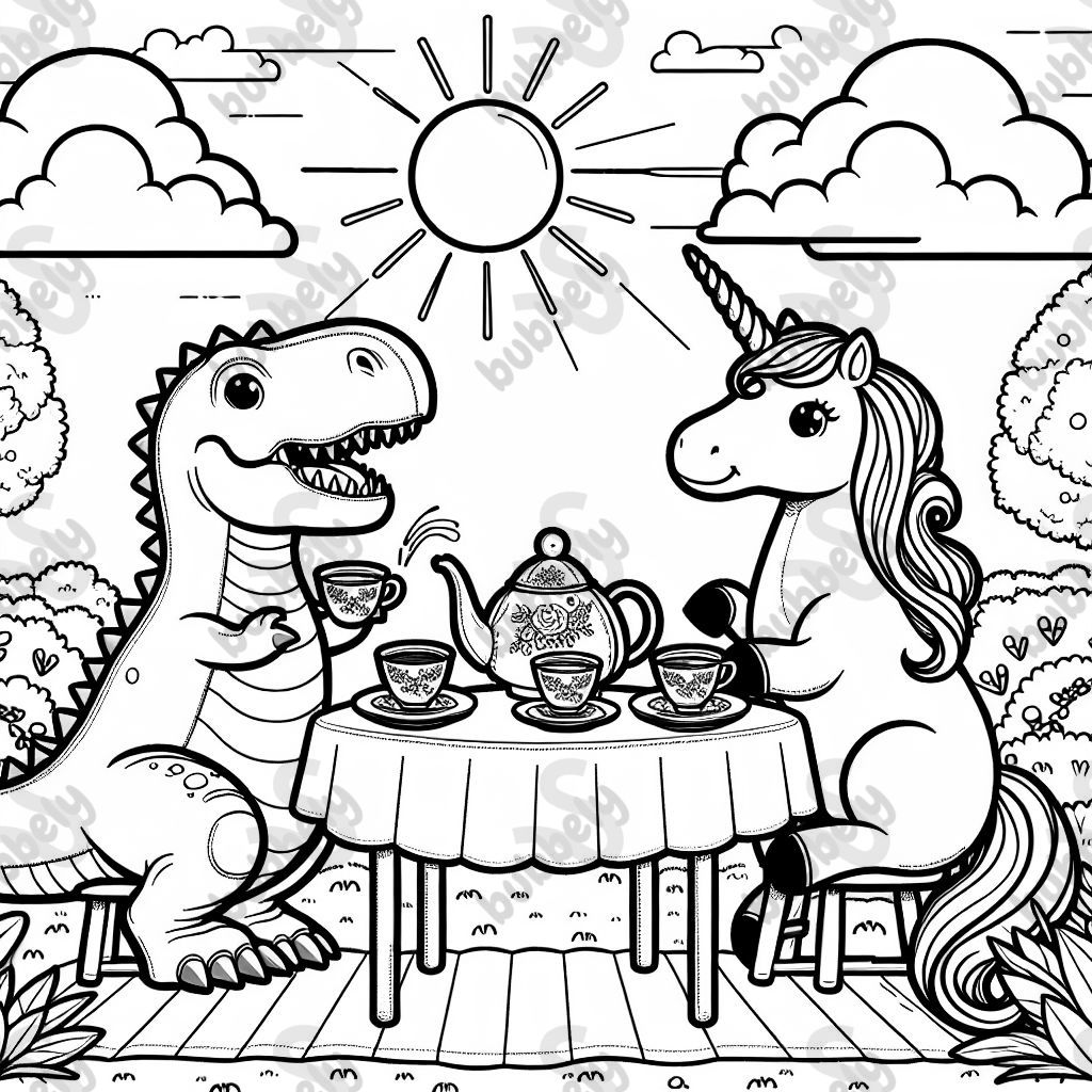 T-Rex and unicorn having tea party