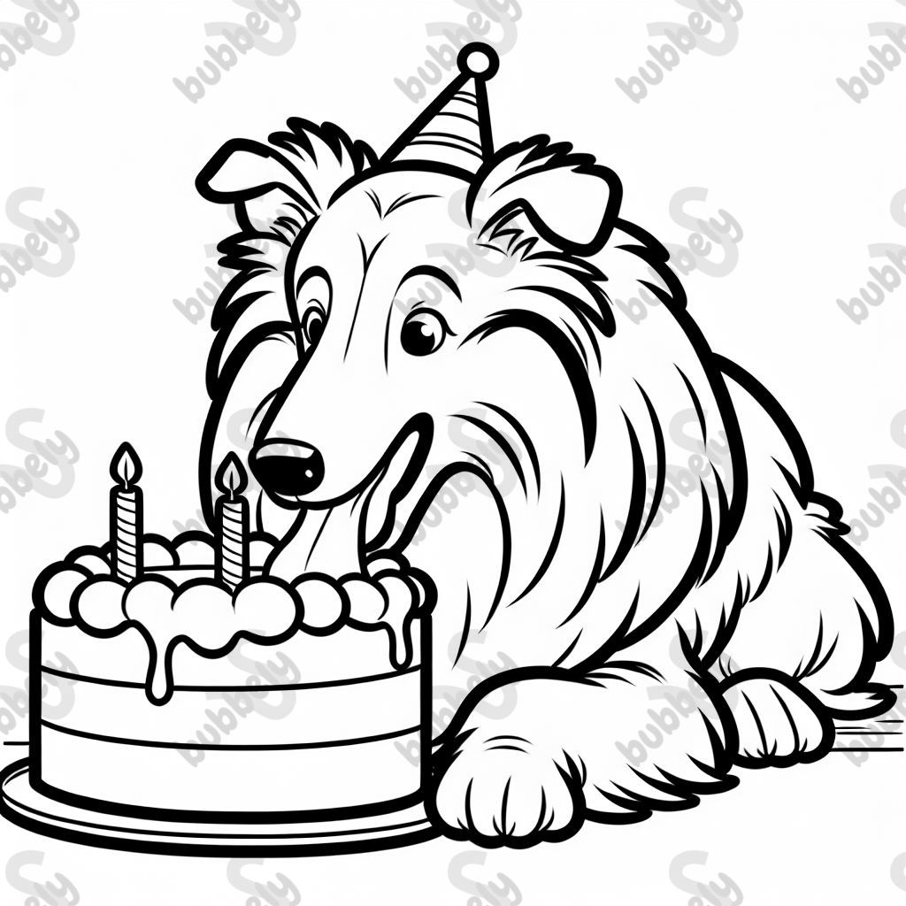 Collie eating a birthday cake