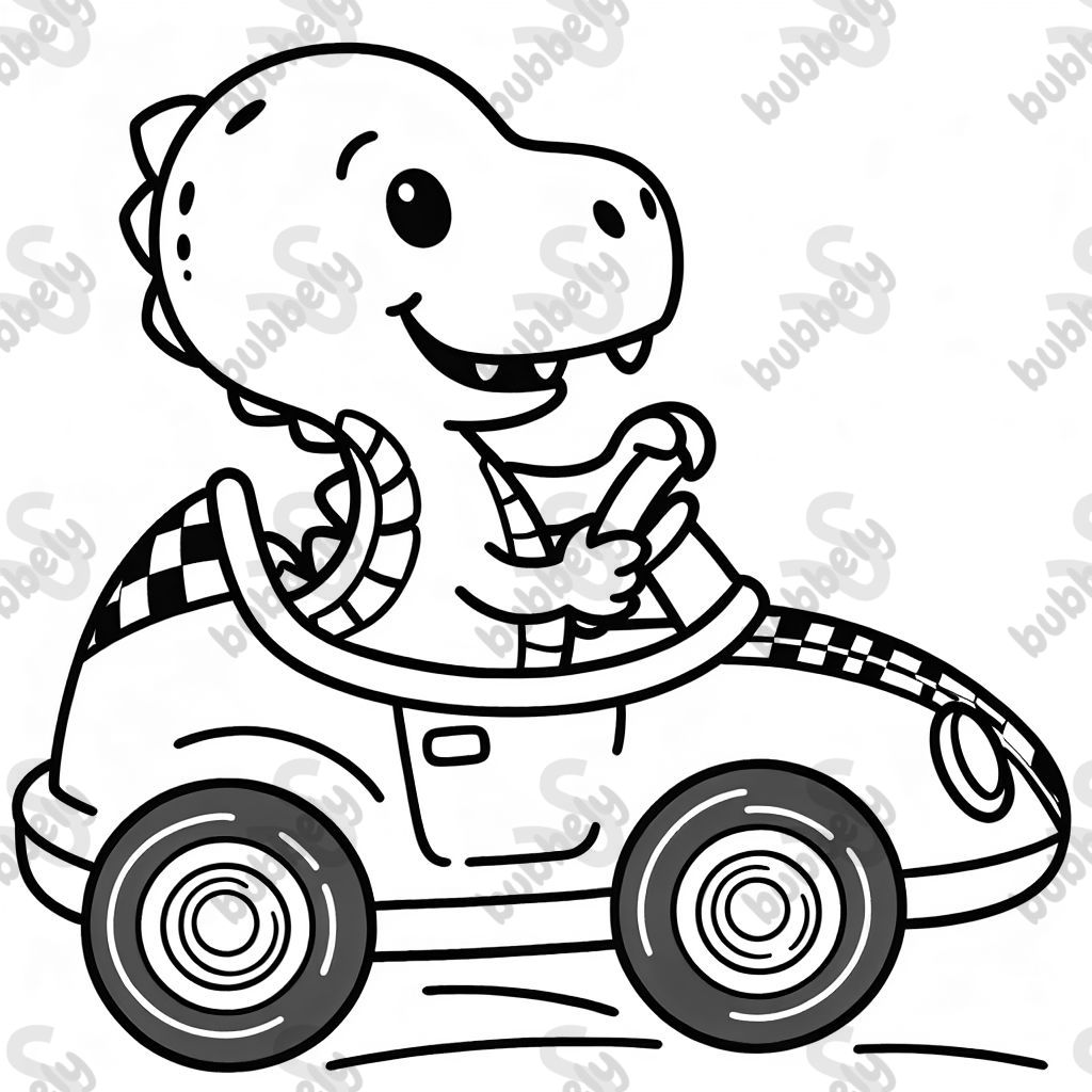 A dinosaur driving a racecar