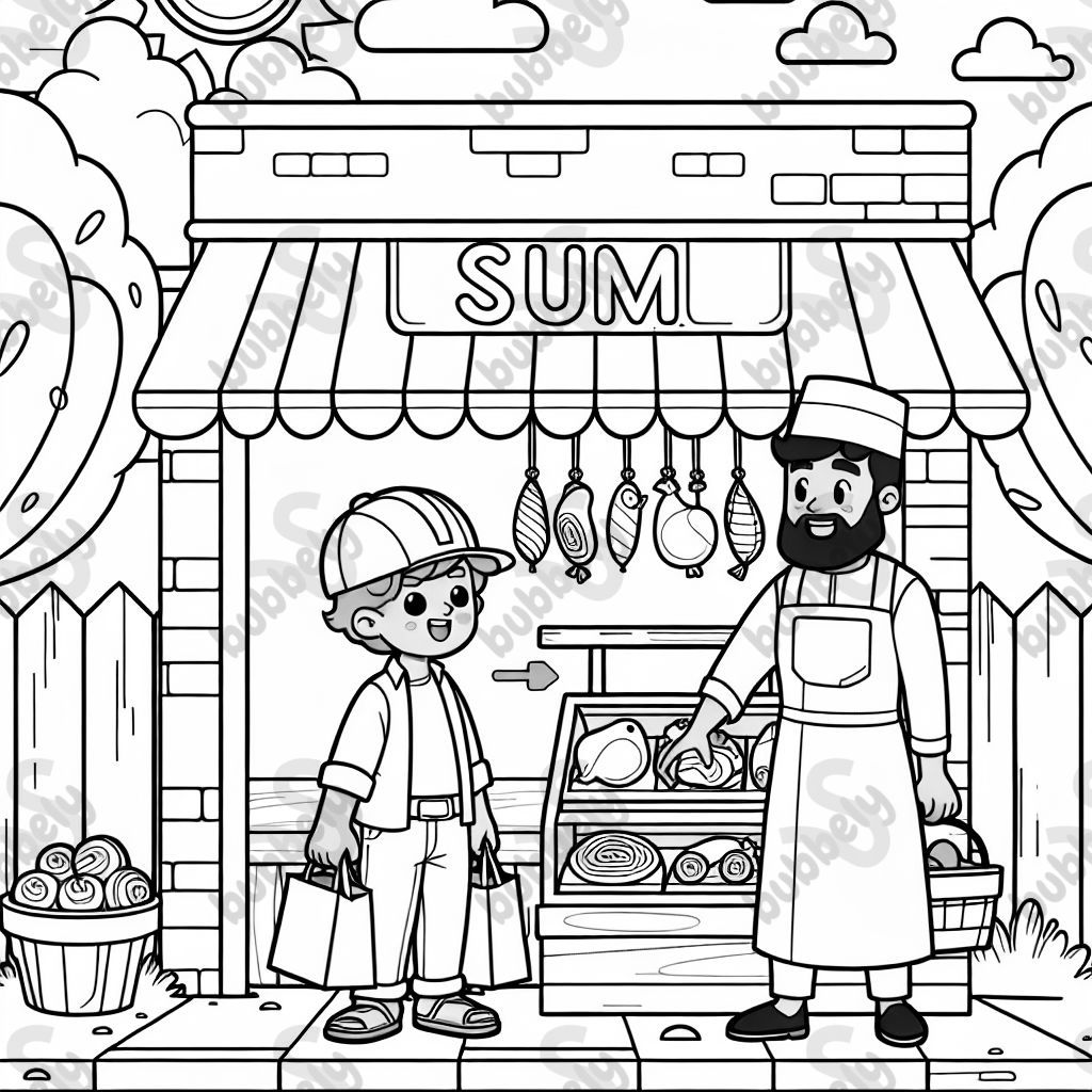 a butcher shop named "sum" and a construction worker shopping there