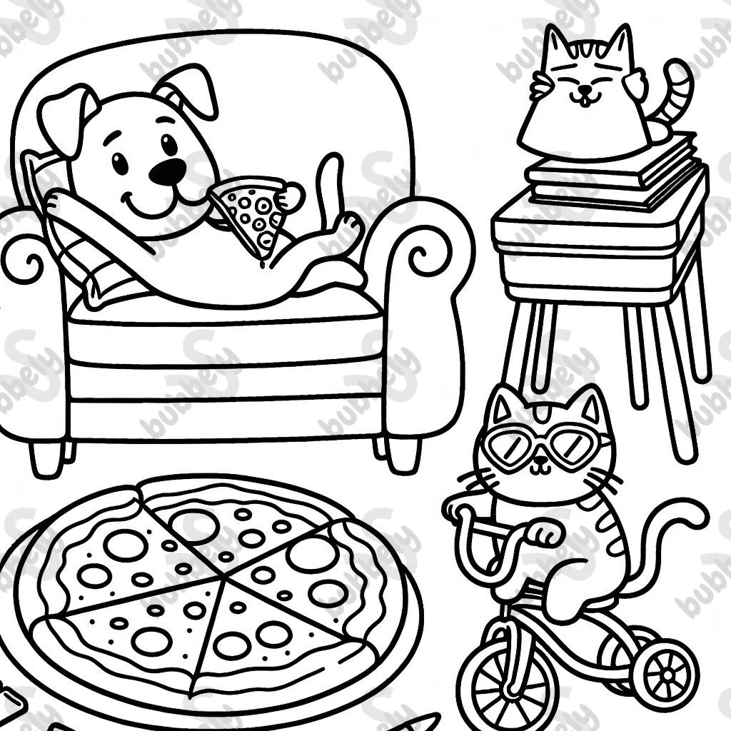 Woman dog lying on a pizza and a cat riding a hamster wheel