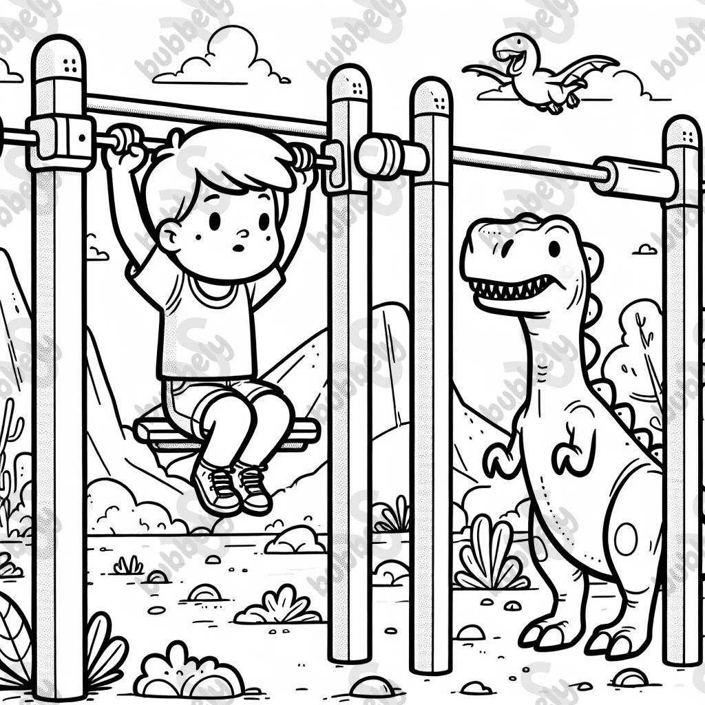 A boy on a pull-up bar in a dinosaur world