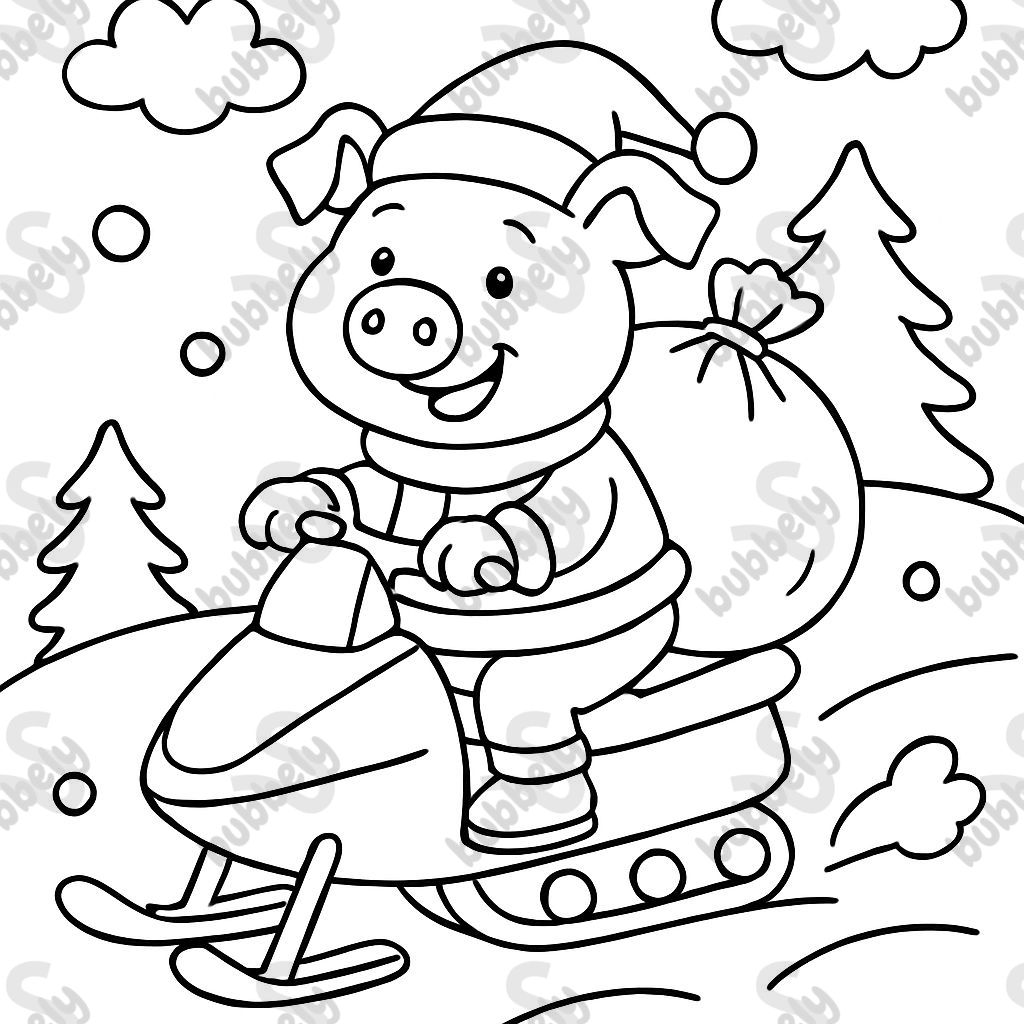 Pig with gift sack on a snowmobile Pig with gift sack on a snowmobile