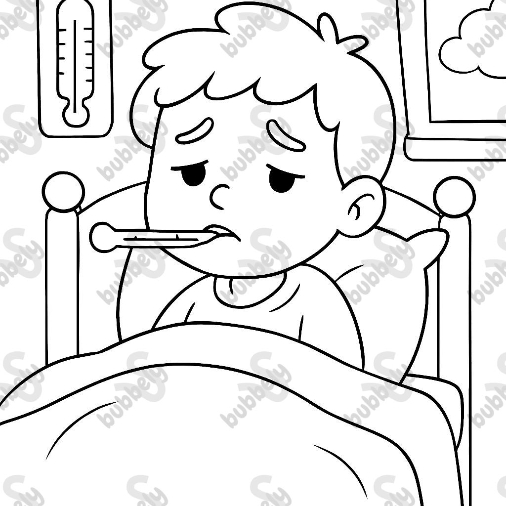 Can you show the one who is sick in bed with a thermometer in mouth