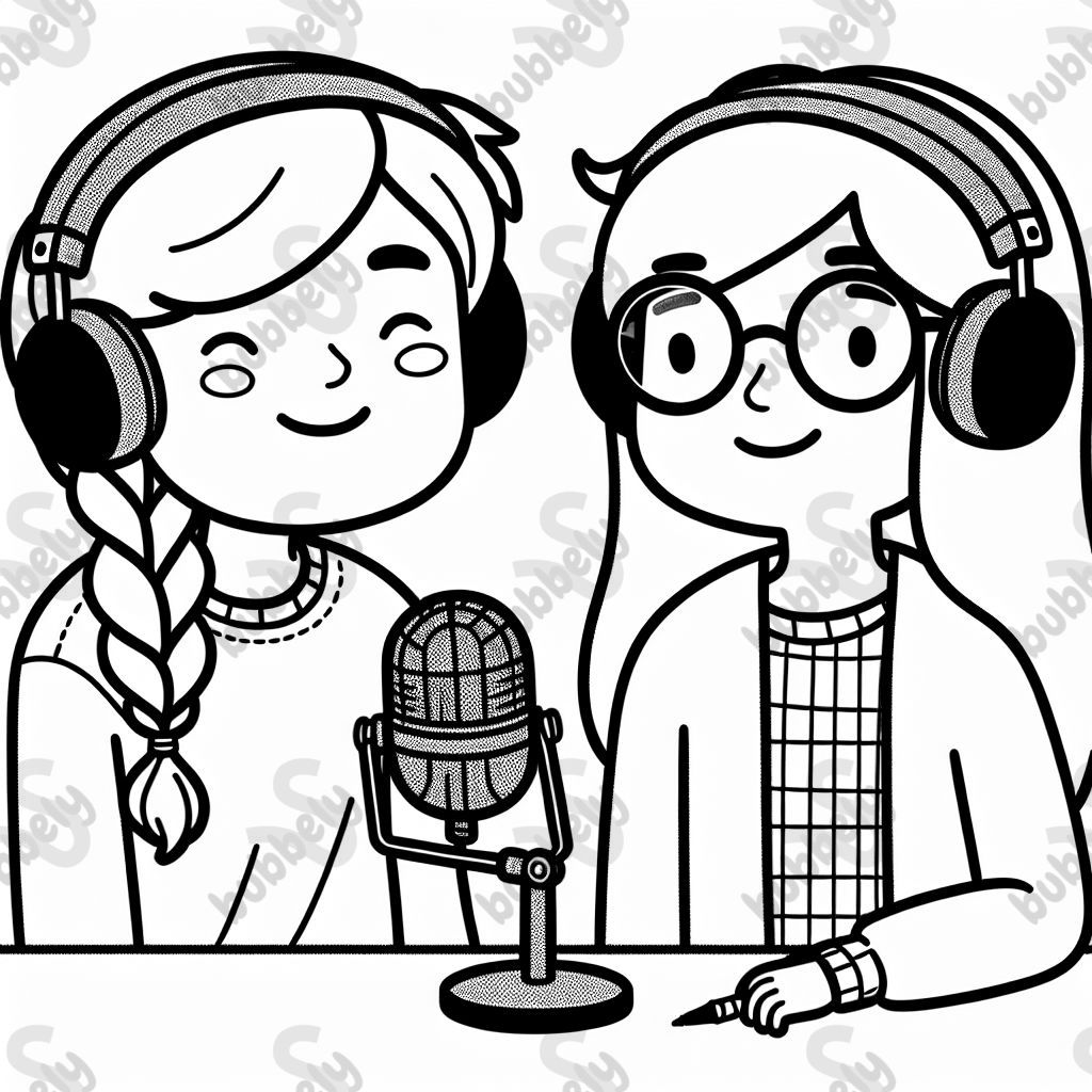 Two best friends, one with a braid and one with long hair and glasses recording a podcast. Two best friends, one with a braid and one with long hair and glasses recording a podcast.