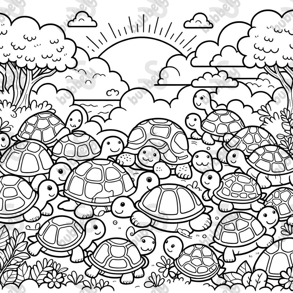Une belle page à colorier avec plein de tortues de différentes tailles et formes. Une belle page à colorier avec plein de tortues de différentes tailles et formes.