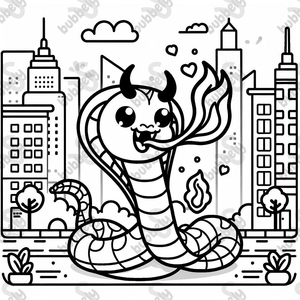 a cobra with two horns stands on its tail and spits fire in a city