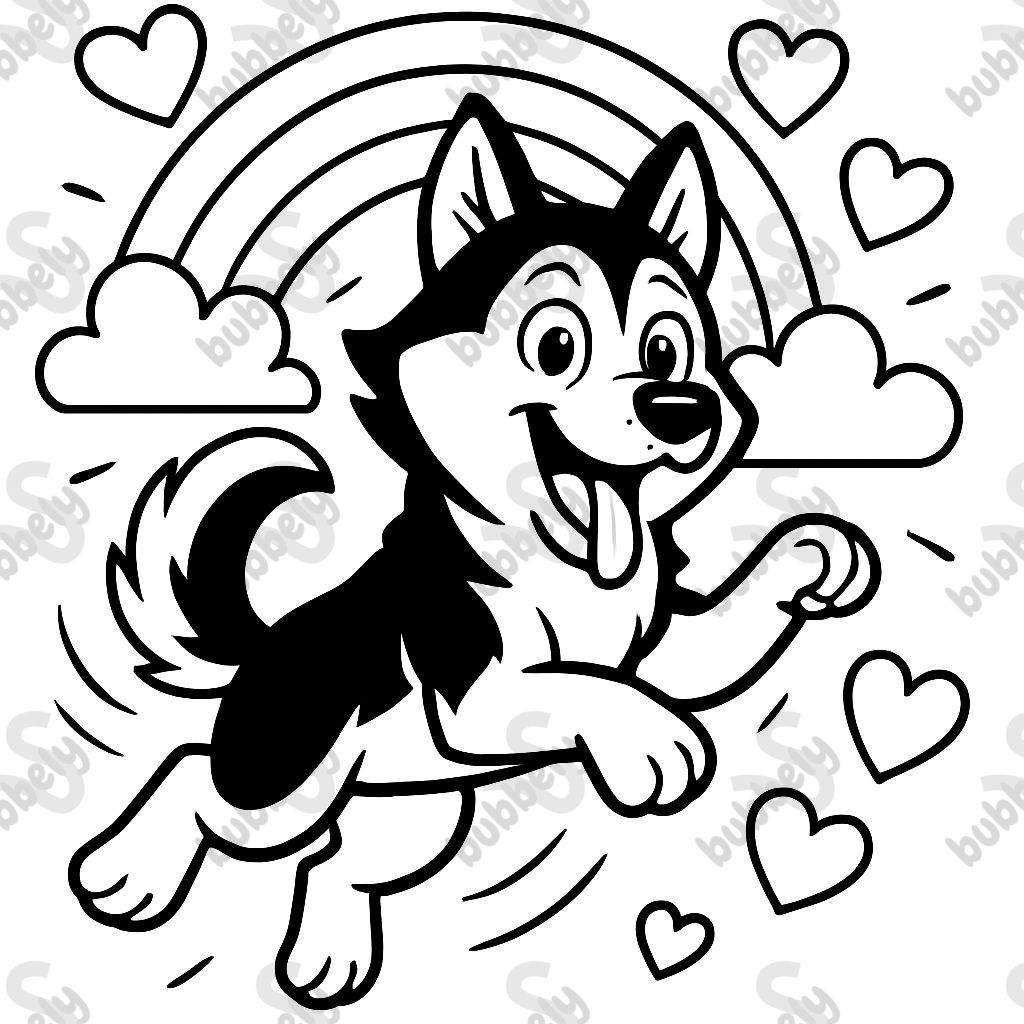 A cartoon husky dog with a rainbow and hearts