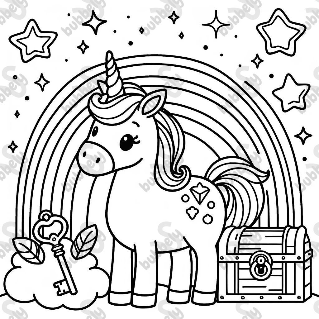 Unicorn on rainbow with key and treasure cheat and stars above