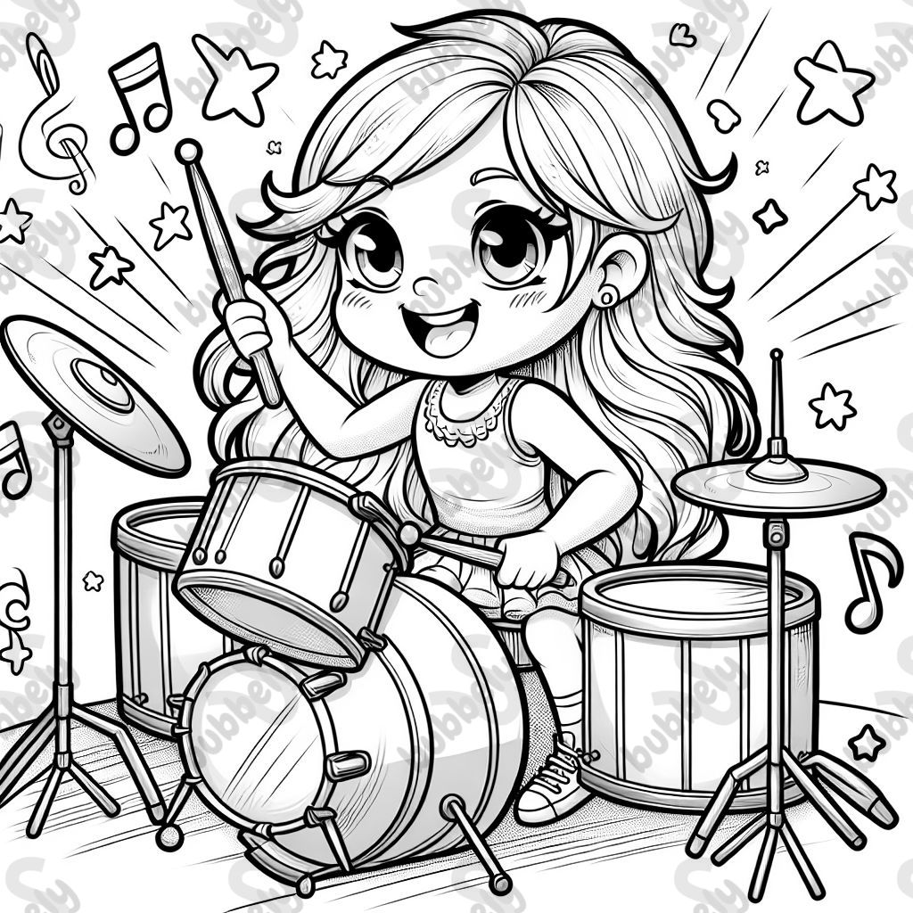 Fille blonde de neuf ans avec de longs cheveux jouant de la batterie Fille blonde de neuf ans avec de longs cheveux jouant de la batterie