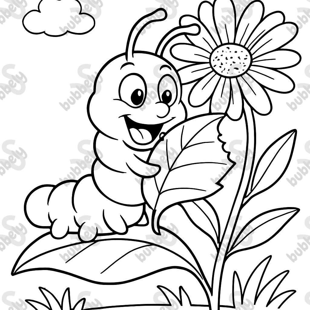 une chenille mangeant une feuille d'une fleur.