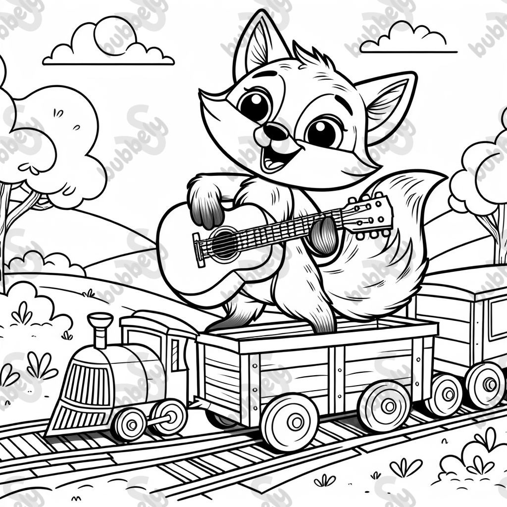 a fox on a train wagon playing a guitar