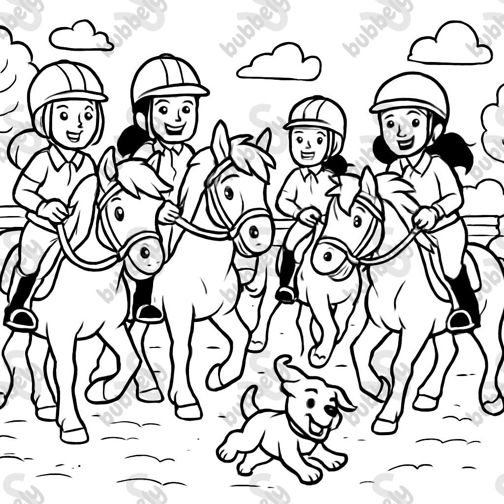 Four horses with four female riders, wearing riding helmets, and a puppy in a riding arena