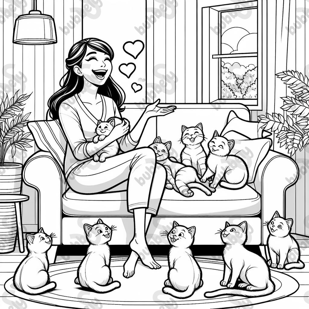 a woman in her thirties playing with seven cats on a sofa