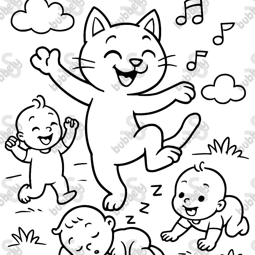 Dancing cat with dancing, sleeping, and lying babies