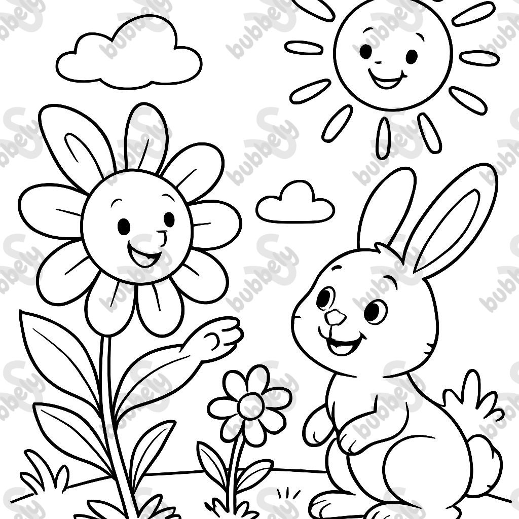 A little flower and a big flower and two cute bunnies. There is a sun in the sky.