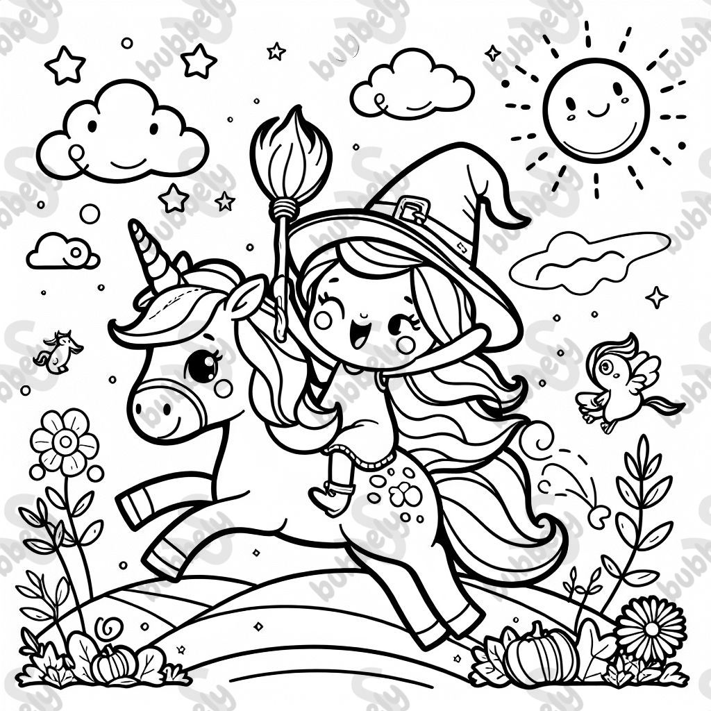 unicorn riding on a witchs back