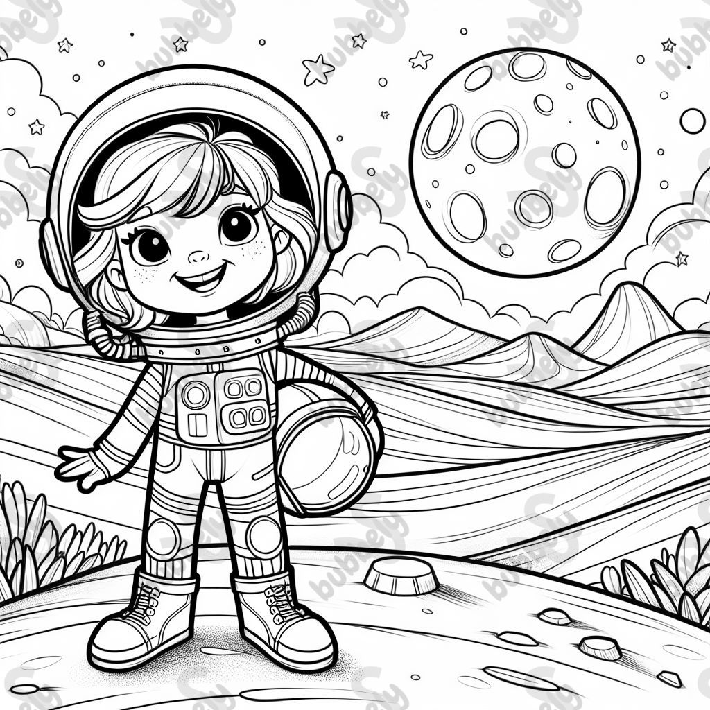 Four year old caucasian girl with blonde hair in an astronaut suit on mars