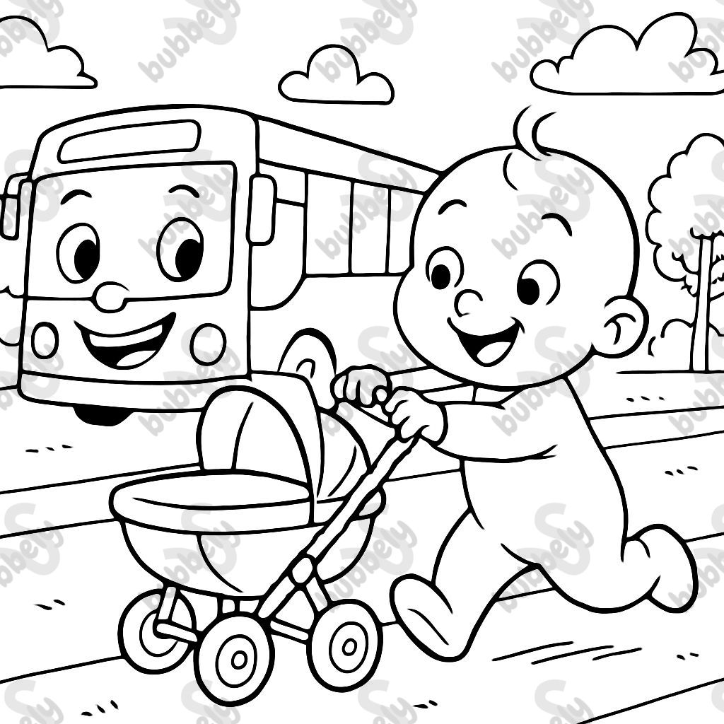 a city bus and baby with stroller