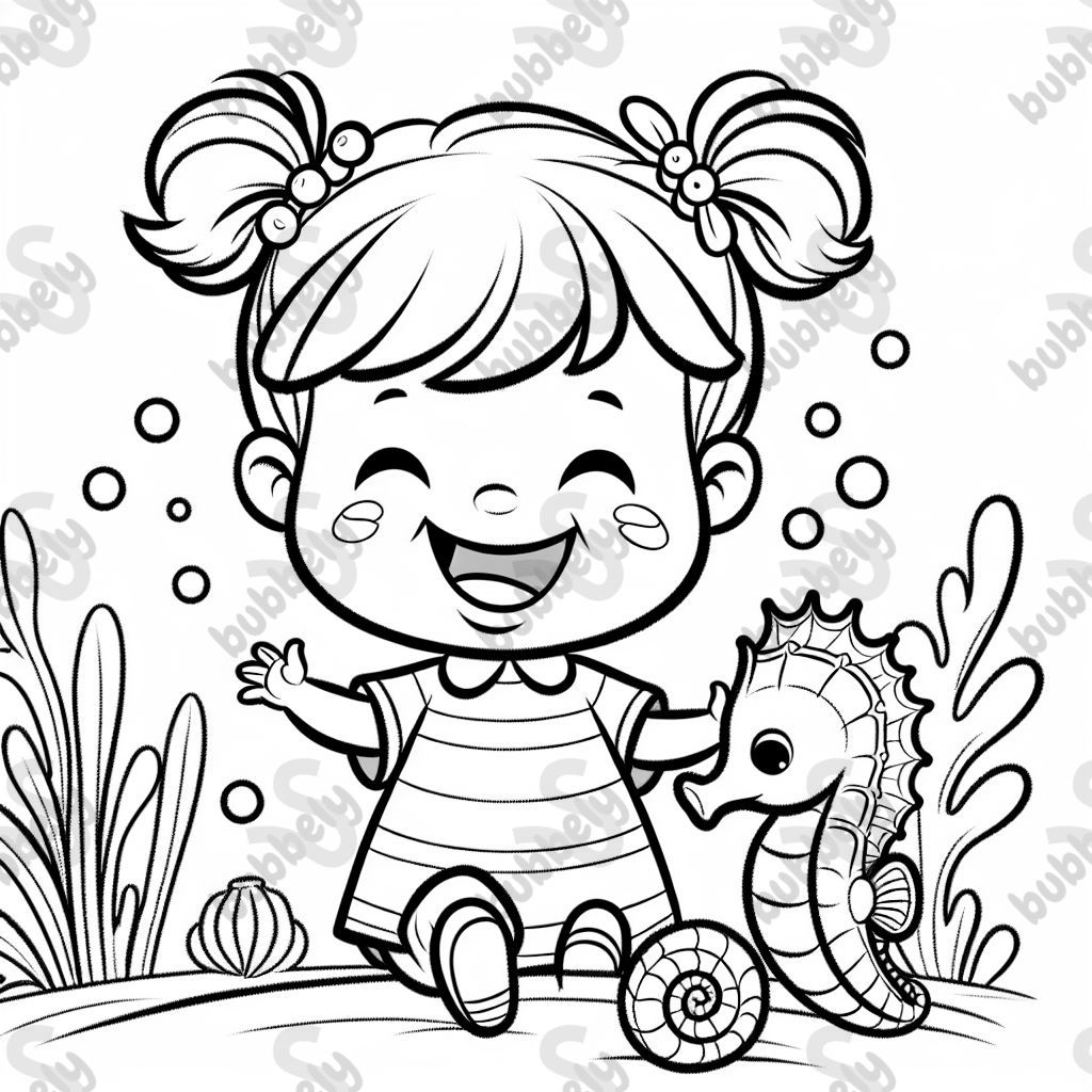 A smiling toddler girl with pigtails riding a seahorse.