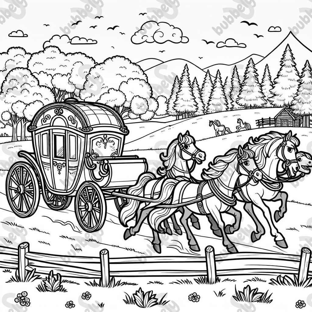 eine Kutsche, die von zwei Pferden über eine Wiese gezogen wird.