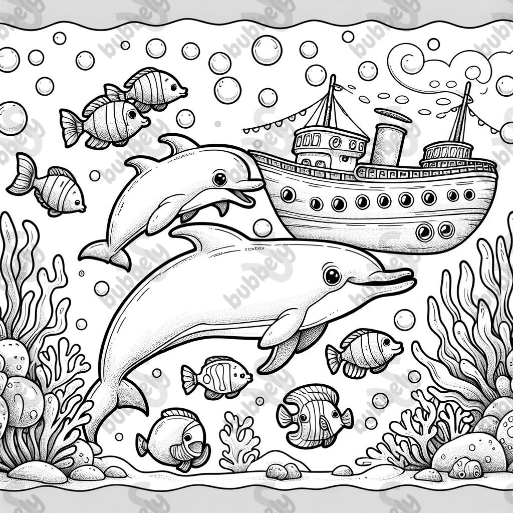 ein Babydelfin mit Mutter und mit vielen Fischen und einem großen Schiff