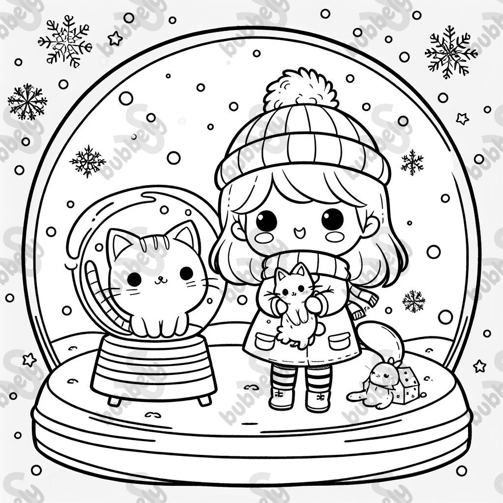 A winter snowglobe that has a girl holding a cat and another cat inside