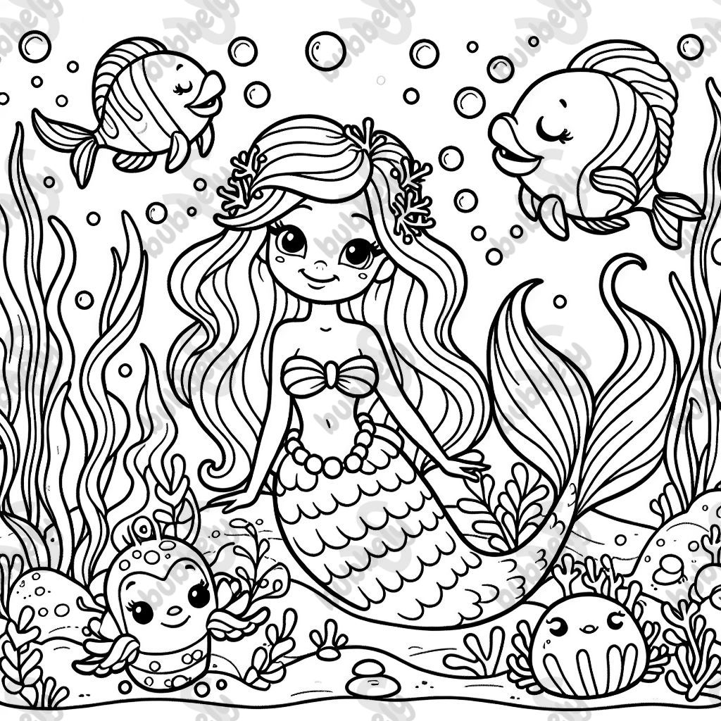 a beautiful mermaid swimming with her sea-creature friends