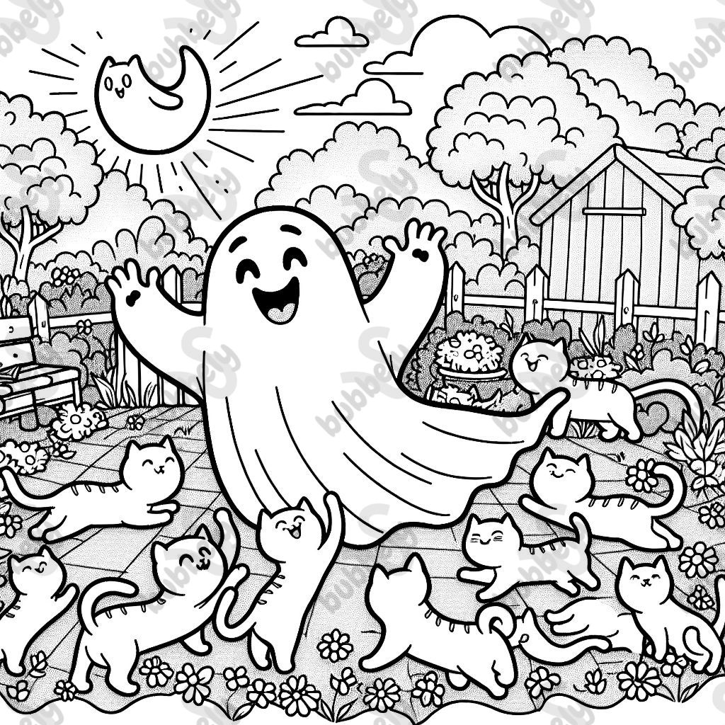 ghost in a garden full of cats