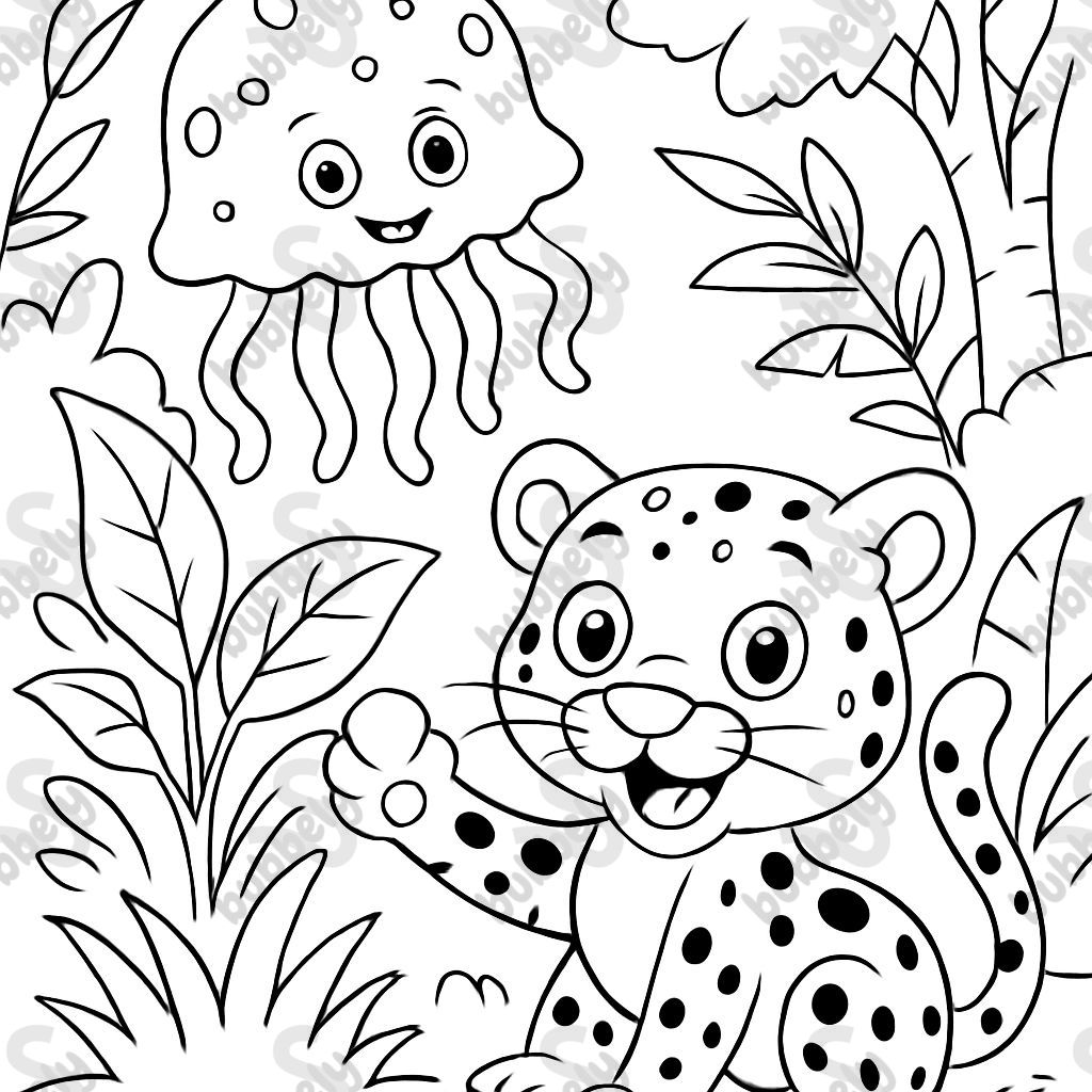 jungle background with jaguar and jellyfish