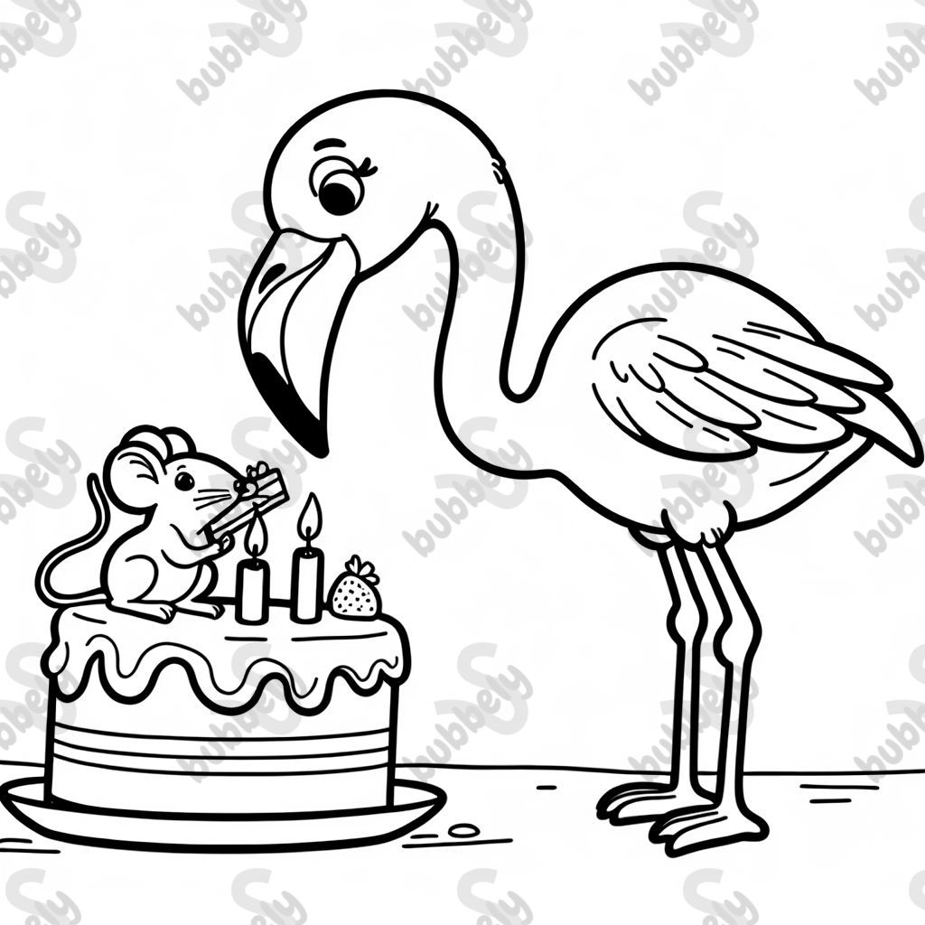 Flamingo eating cake with a mouse