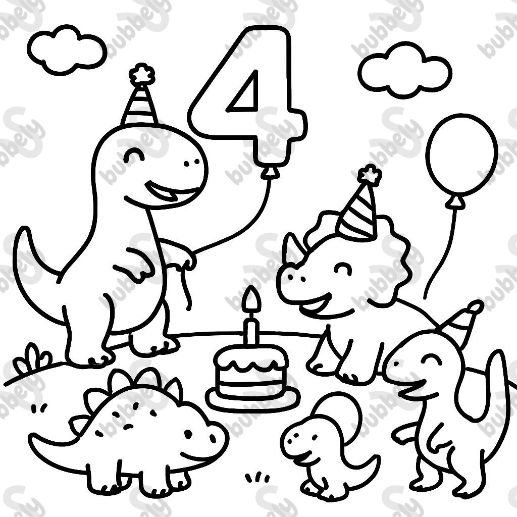 Five dinosaurs celebrating a 4th birthday.