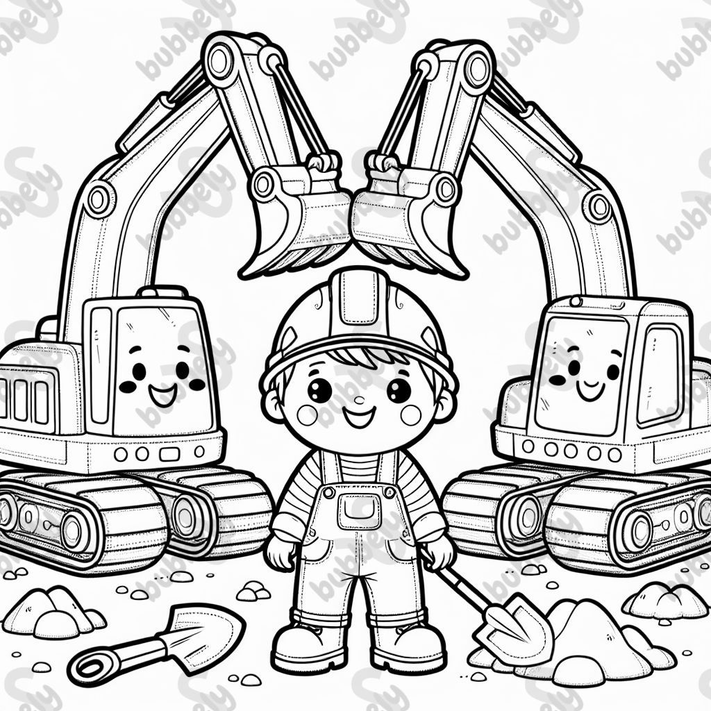 Zwei Bagger mit lächelnden Gesichtern und zwischen ihnen steht ein Junge mit Latzhose, Bauhelm und einer Schaufel in der Hand