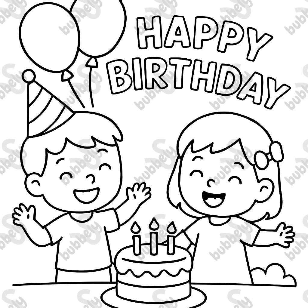 Happy birthday balloons, cake and kids