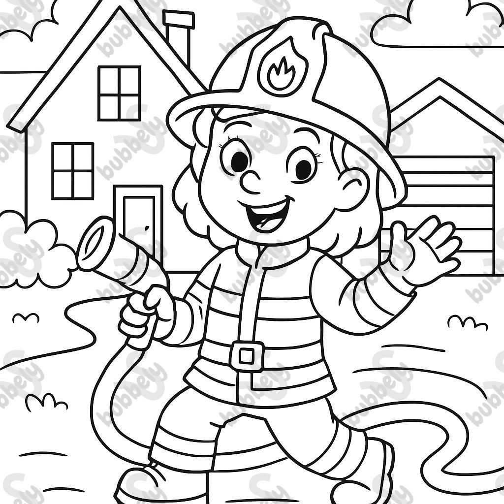 Firefighter woman with house and garage