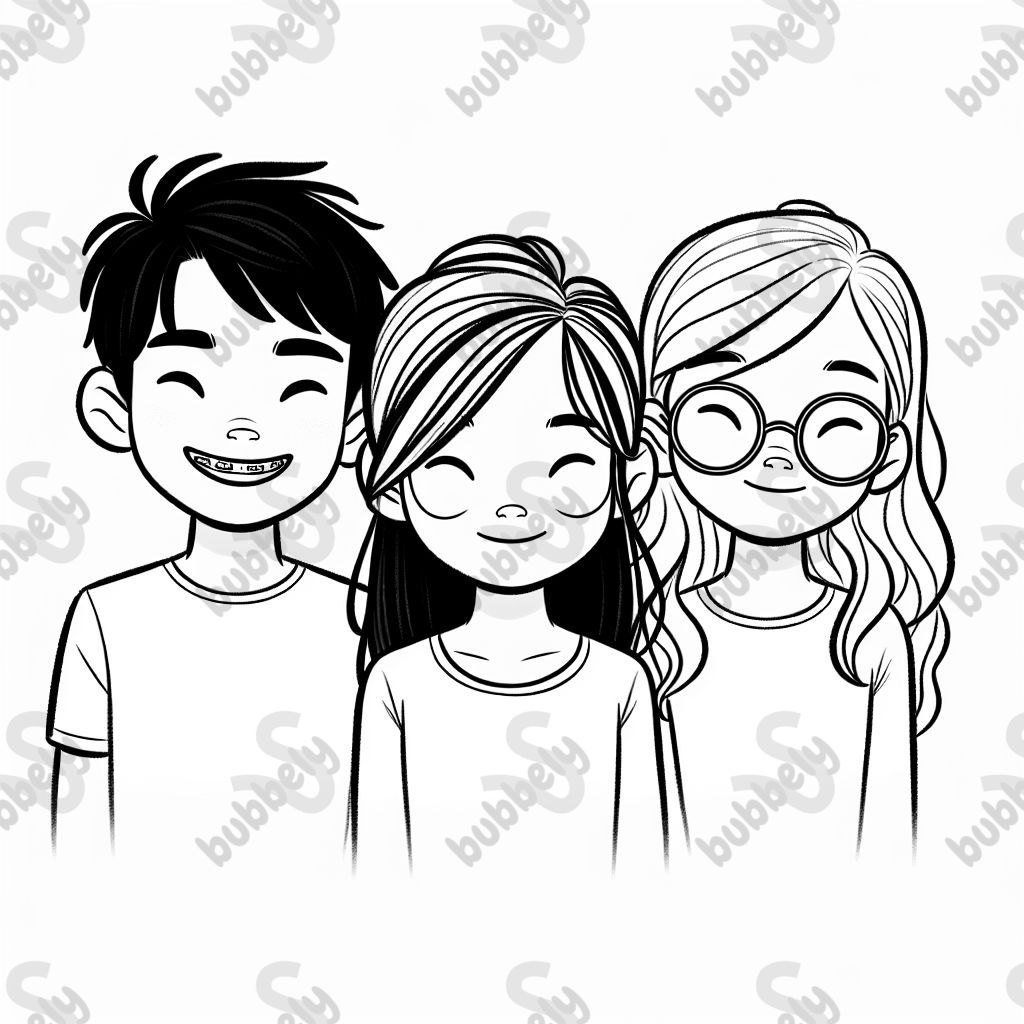 three teenagers. A boy with short black hair and braces. A girl with long straight hair and a girl with curly hair and glasses.