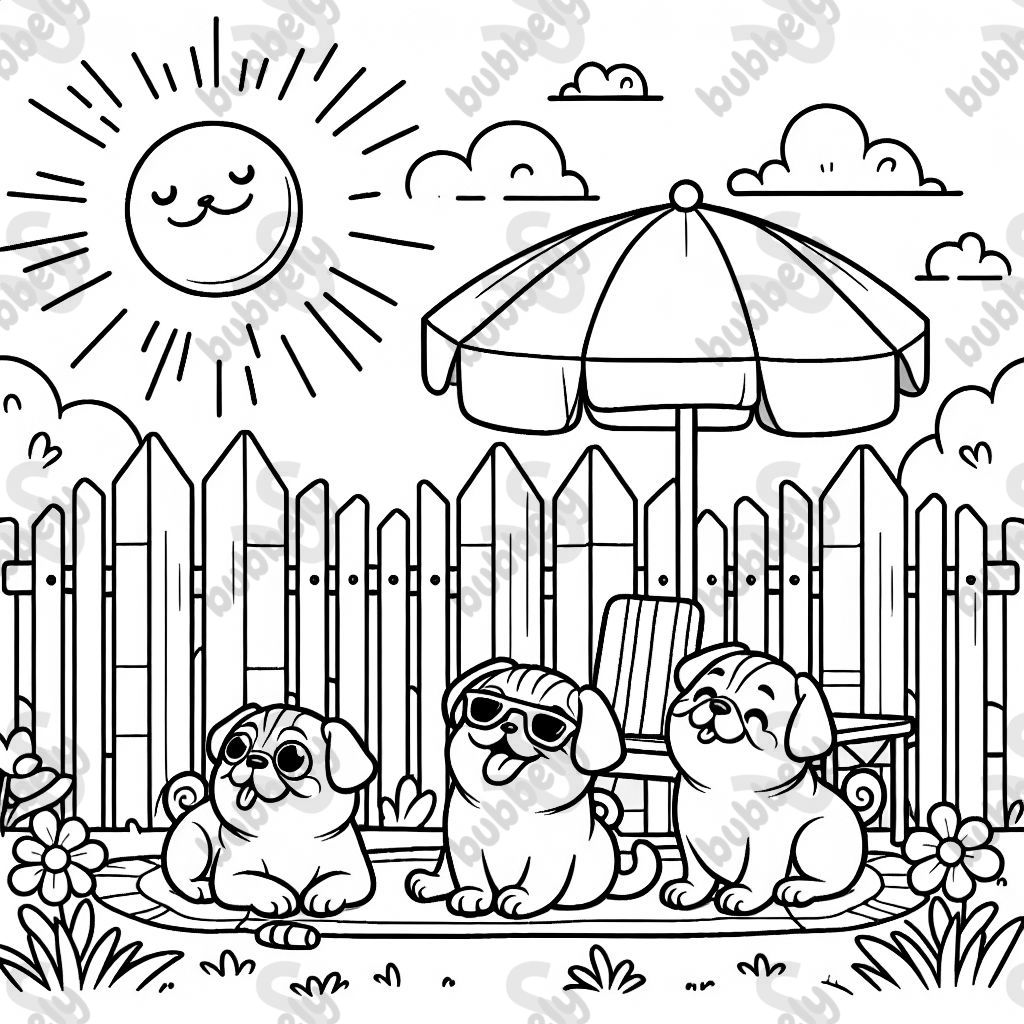 Three pugs basking in the sun in the backyard