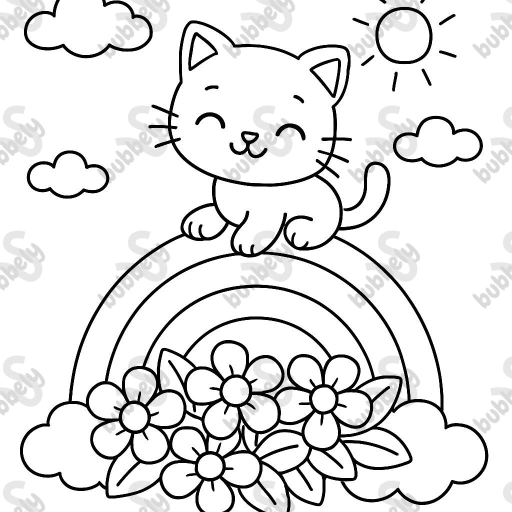 Arc-en-ciel avec des fleurs en dessous et un chaton sur le dessus de l'arc-en-ciel Arc-en-ciel avec des fleurs en dessous et un chaton sur le dessus de l'arc-en-ciel